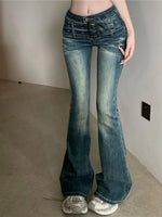 Sexy Adjustable Belt Washed Blue Streetwear Flare Leg Jeans, Women's Denim Jeans & Clothing SS69