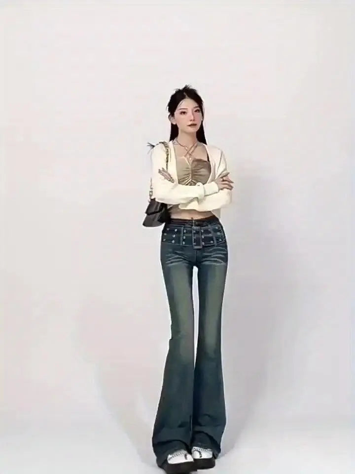 Sexy Adjustable Belt Washed Blue Streetwear Flare Leg Jeans, Women's Denim Jeans & Clothing SS69