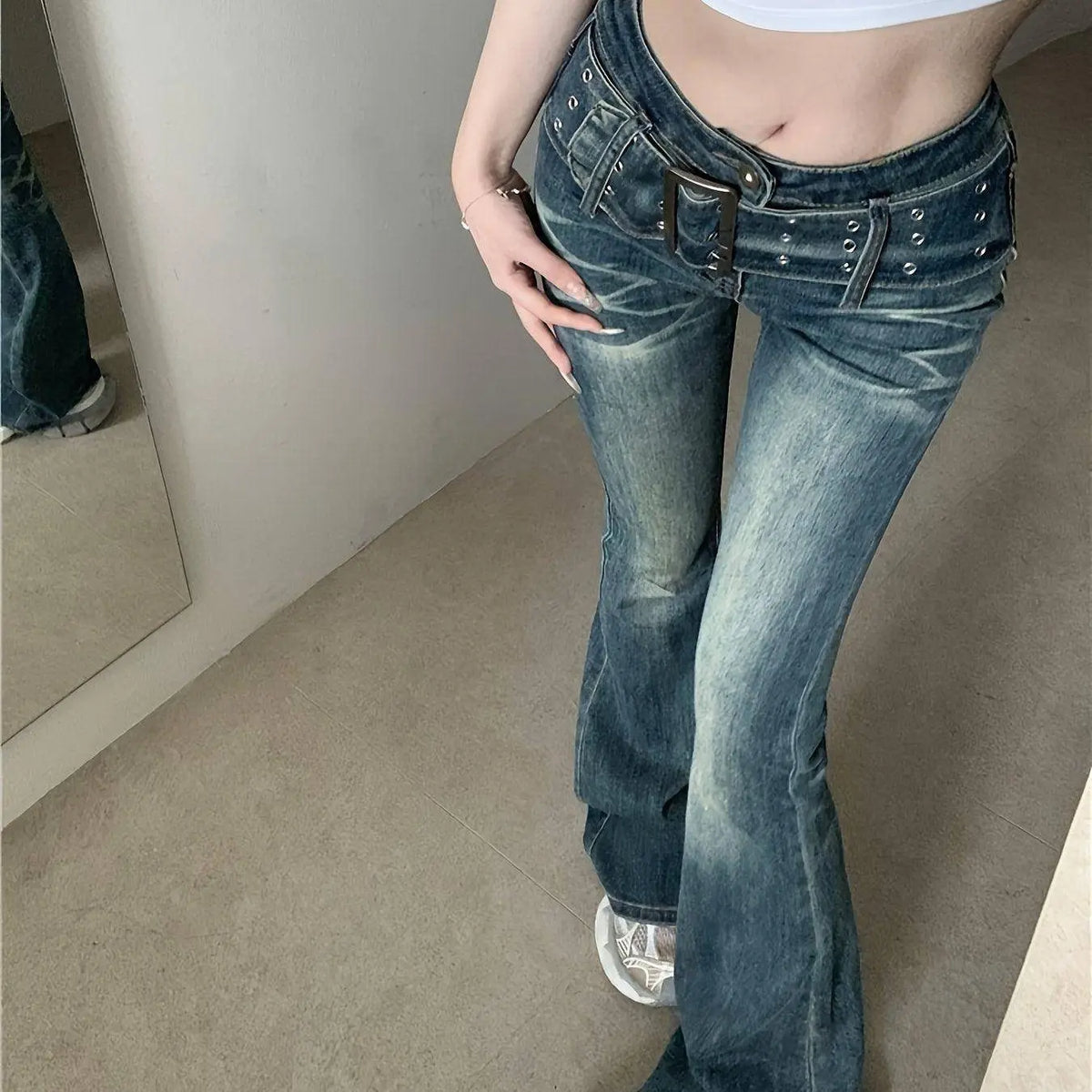 Sexy Adjustable Belt Washed Blue Streetwear Flare Leg Jeans, Women's Denim Jeans & Clothing SS69