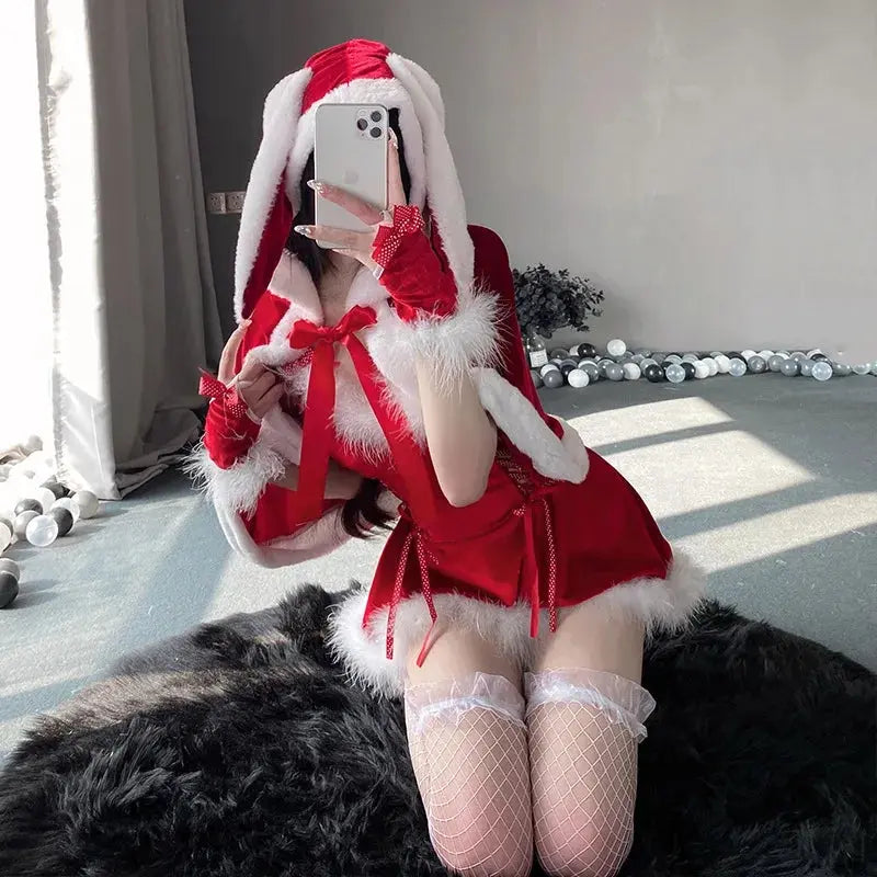 Sexy Christmas Minidress Cosplay Costumes Women Plush Cloak Sling Skirt Santa Claus Party Sweet Cute Adults Clothes Pink Red New - SS69