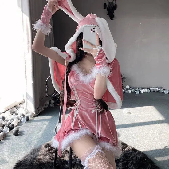 Sexy Christmas Minidress Cosplay Costumes Women Plush Cloak Sling Skirt Santa Claus Party Sweet Cute Adults Clothes Pink Red New - SS69