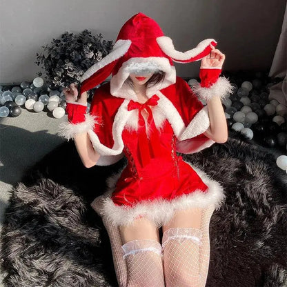 Sexy Christmas Minidress Cosplay Costumes Women Plush Cloak Sling Skirt Santa Claus Party Sweet Cute Adults Clothes Pink Red New - SS69