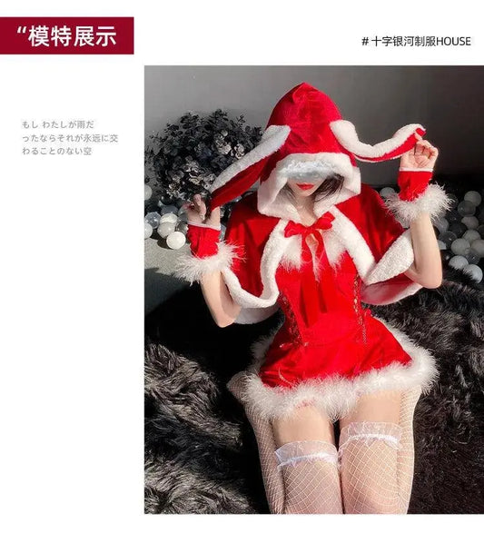 Sexy Christmas Minidress Cosplay Costumes Women Plush Cloak Sling Skirt Santa Claus Party Sweet Cute Adults Clothes Pink Red New - SS69
