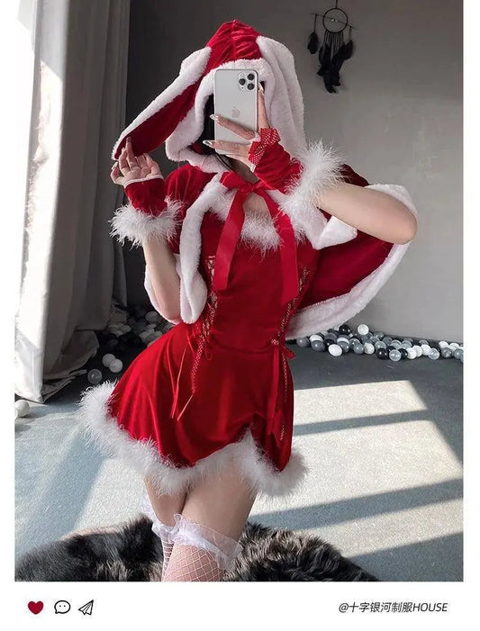 Sexy Christmas Minidress Cosplay Costumes Women Plush Cloak Sling Skirt Santa Claus Party Sweet Cute Adults Clothes Pink Red New - SS69