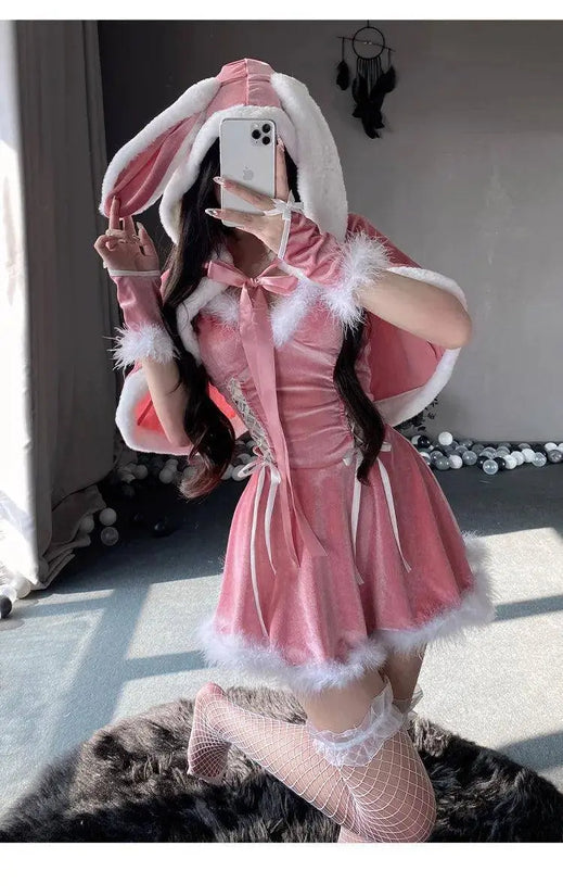 Sexy Christmas Minidress Cosplay Costumes Women Plush Cloak Sling Skirt Santa Claus Party Sweet Cute Adults Clothes Pink Red New - SS69