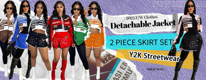 Sexy Denim Jean 2 Piece Skirt Sets Winter Outfits Y2K Streetwear Crop Tops Denim Fashion Jackets Coats Two Piece Skirt Set - SS69