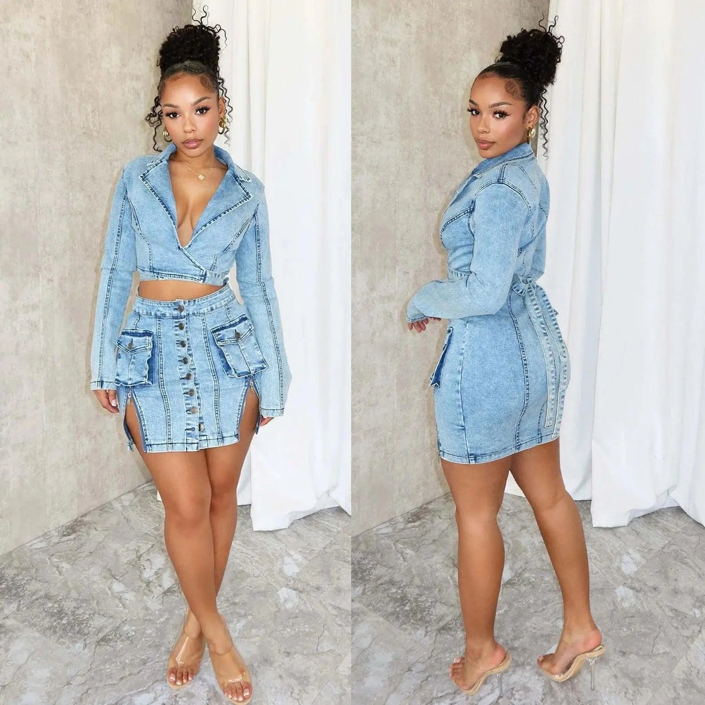 Sexy Denim Jean 2 Piece Skirt Sets Winter Outfits Y2K Streetwear Crop Tops Denim Fashion Jackets Coats Two Piece Skirt Set - SS69