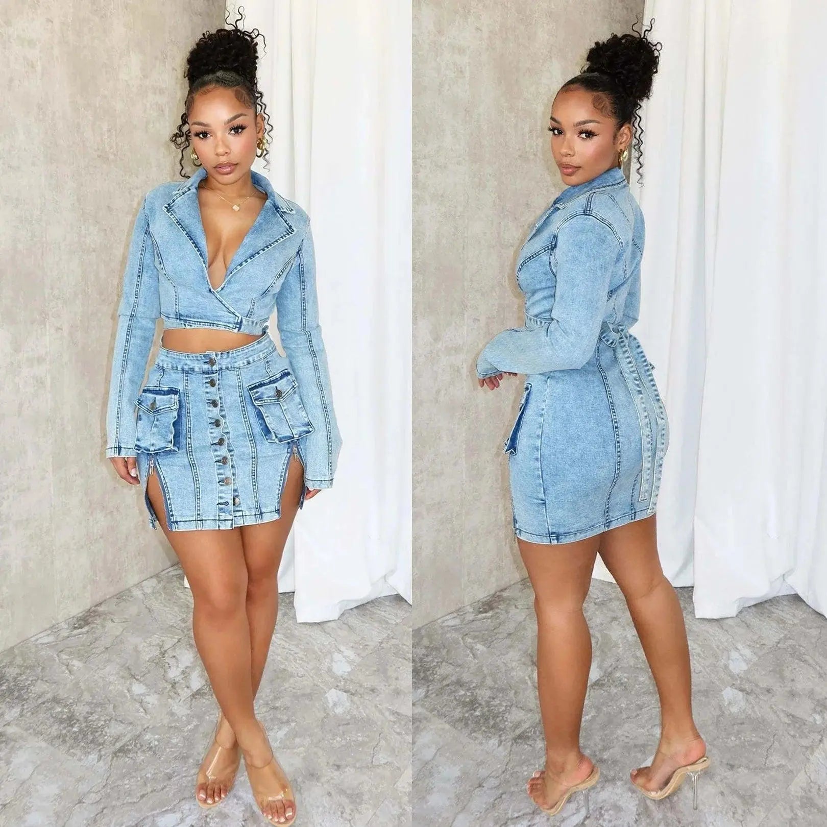 Sexy Denim Jean 2 Piece Skirt Sets Winter Outfits Y2K Streetwear Crop Tops Denim Fashion Jackets Coats Two Piece Skirt Set - SS69