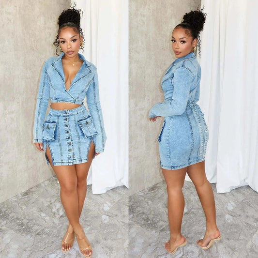 Sexy Denim Jean 2 Piece Skirt Sets Winter Outfits Y2K Streetwear Crop Tops Denim Fashion Jackets Coats Two Piece Skirt Set - SS69