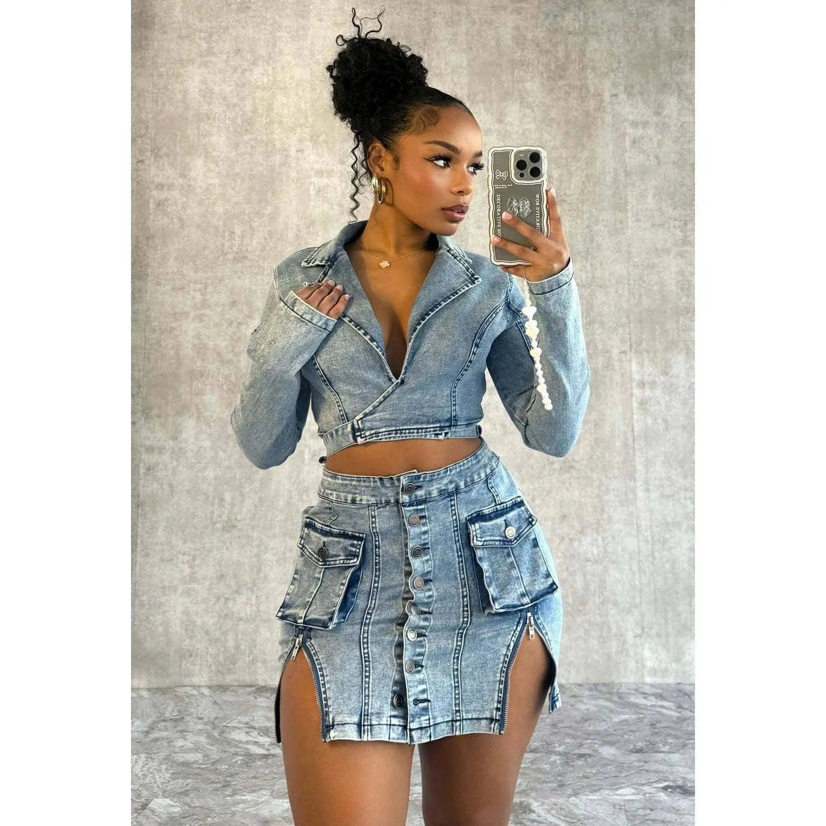 Sexy Denim Jean 2 Piece Skirt Sets Winter Outfits Y2K Streetwear Crop Tops Denim Fashion Jackets Coats Two Piece Skirt Set SS69