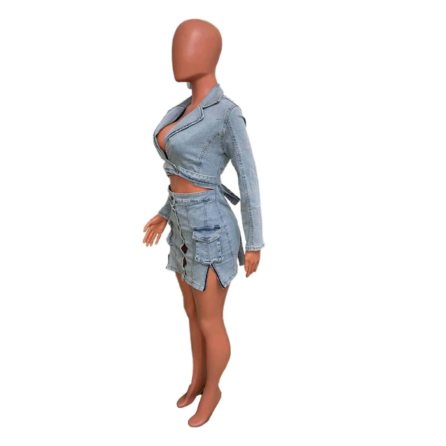 Sexy Denim Jean 2 Piece Skirt Sets Winter Outfits Y2K Streetwear Crop Tops Denim Fashion Jackets Coats Two Piece Skirt Set SS69