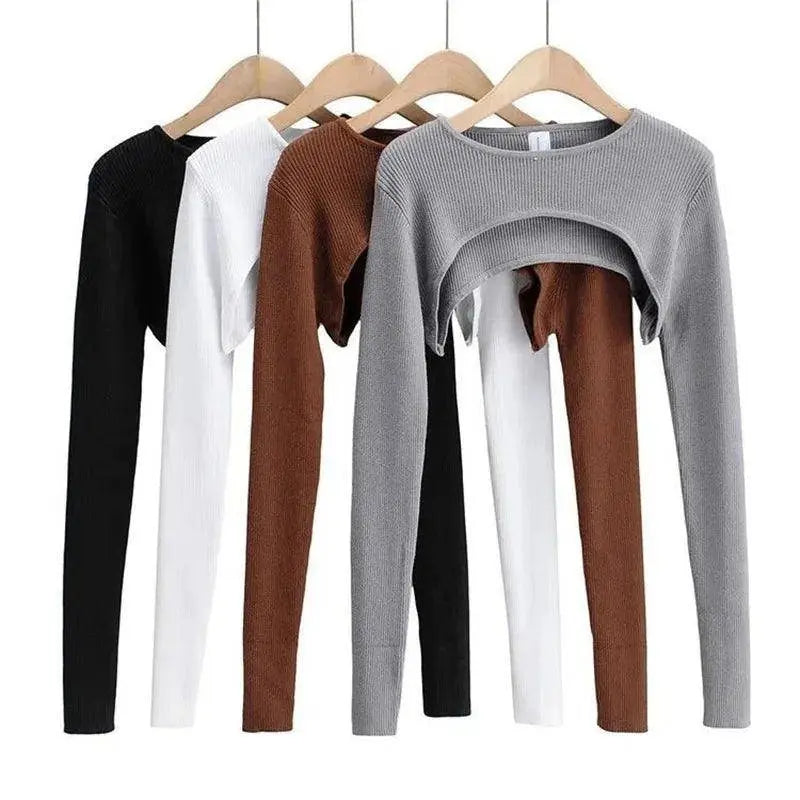 Sexy Elegant Super-Short Long Sleeve T-shirts Women's Cropped Top Ladies Solid Vintage Crop Top Spring Autumn Tees Female Blouse - SS69
