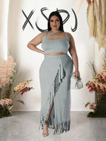 Sexy Summer Outfits Women Knit Skirt Set with Vest Top Sleeveless Elegant Two Piece Set Dress Tassel Curvy Clothing Plus Size SS69