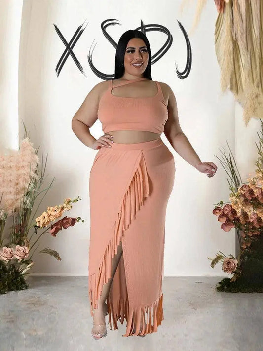 Sexy Summer Outfits Women Knit Skirt Set with Vest Top Sleeveless Elegant Two Piece Set Dress Tassel Curvy Clothing Plus Size SS69