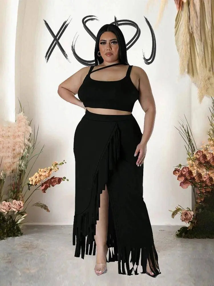Sexy Summer Outfits Women Knit Skirt Set with Vest Top Sleeveless Elegant Two Piece Set Dress Tassel Curvy Clothing Plus Size SS69