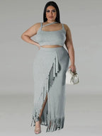 Sexy Summer Outfits Women Knit Skirt Set with Vest Top Sleeveless Elegant Two Piece Set Dress Tassel Curvy Clothing Plus Size SS69