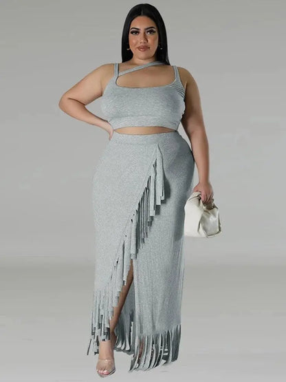 Sexy Summer Outfits Women Knit Skirt Set with Vest Top Sleeveless Elegant Two Piece Set Dress Tassel Curvy Clothing Plus Size SS69