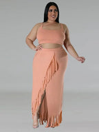 Sexy Summer Outfits Women Knit Skirt Set with Vest Top Sleeveless Elegant Two Piece Set Dress Tassel Curvy Clothing Plus Size SS69