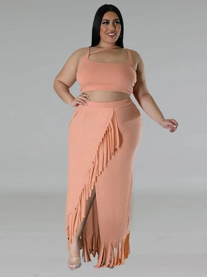 Sexy Summer Outfits Women Knit Skirt Set with Vest Top Sleeveless Elegant Two Piece Set Dress Tassel Curvy Clothing Plus Size SS69