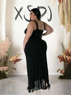 Sexy Summer Outfits Women Knit Skirt Set with Vest Top Sleeveless Elegant Two Piece Set Dress Tassel Curvy Clothing Plus Size SS69
