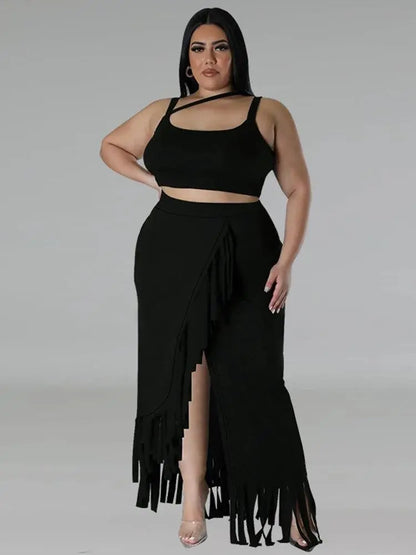 Sexy Summer Outfits Women Knit Skirt Set with Vest Top Sleeveless Elegant Two Piece Set Dress Tassel Curvy Clothing Plus Size SS69