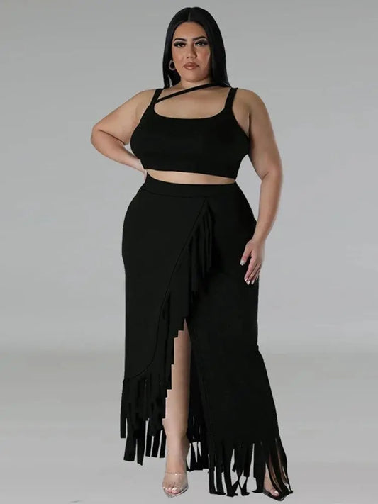 Sexy Summer Outfits Women Knit Skirt Set with Vest Top Sleeveless Elegant Two Piece Set Dress Tassel Curvy Clothing Plus Size SS69