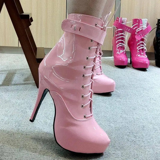 Sexy single boots Lace-Up 15cm High Thin heel 4CM platform ankle short boots Unisex Plus Size Padlocks boots - SS69