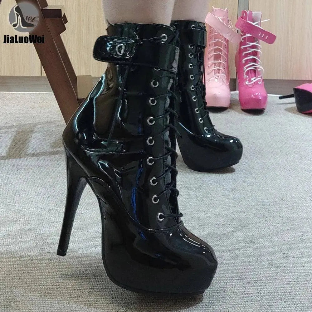 Sexy single boots Lace-Up 15cm High Thin heel 4CM platform ankle short boots Unisex Plus Size Padlocks boots - SS69