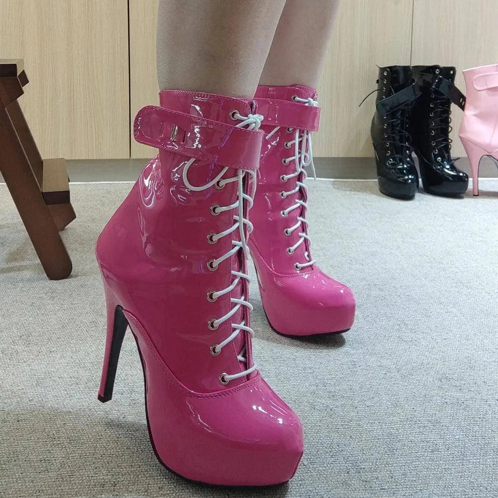 Sexy single boots Lace-Up 15cm High Thin heel 4CM platform ankle short boots Unisex Plus Size Padlocks boots - SS69
