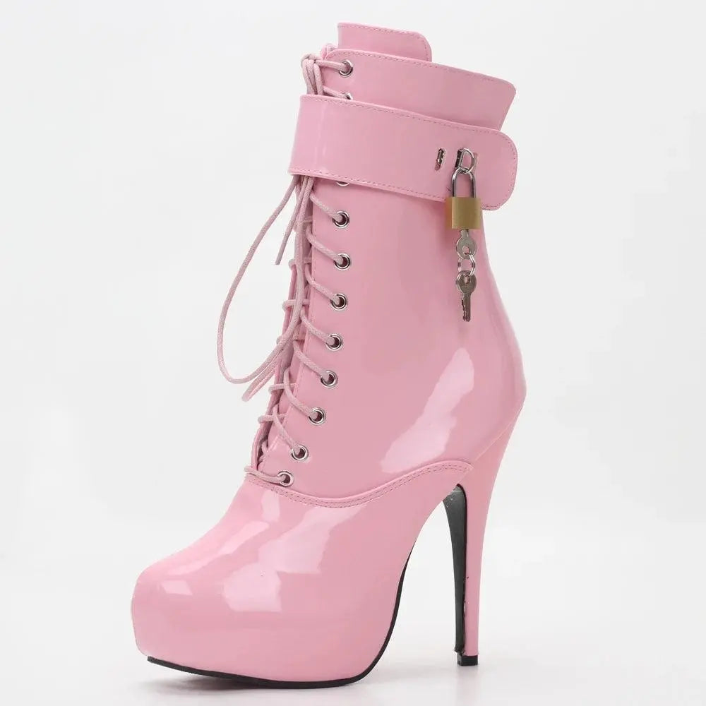 Sexy single boots Lace-Up 15cm High Thin heel 4CM platform ankle short boots Unisex Plus Size Padlocks boots - SS69