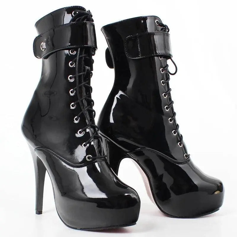 Sexy single boots Lace-Up 15cm High Thin heel 4CM platform ankle short boots Unisex Plus Size Padlocks boots - SS69