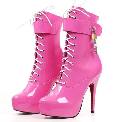 Sexy single boots Lace-Up 15cm High Thin heel 4CM platform ankle short boots Unisex Plus Size Padlocks boots - SS69