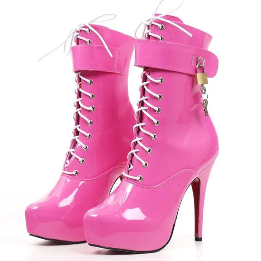 Sexy single boots Lace-Up 15cm High Thin heel 4CM platform ankle short boots Unisex Plus Size Padlocks boots - SS69