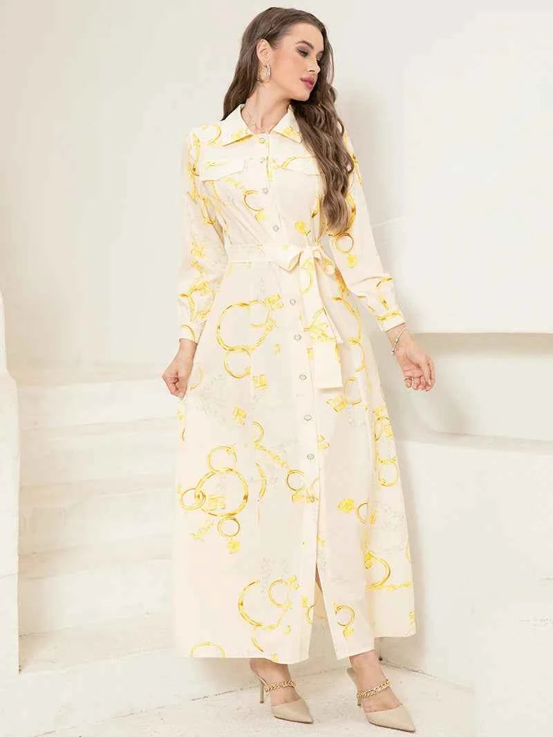 Elegant Long Shirt-Sleeve Dress with Chain Print Design, Belt & Pocket - Sophisticated Collared Neck, Button Details