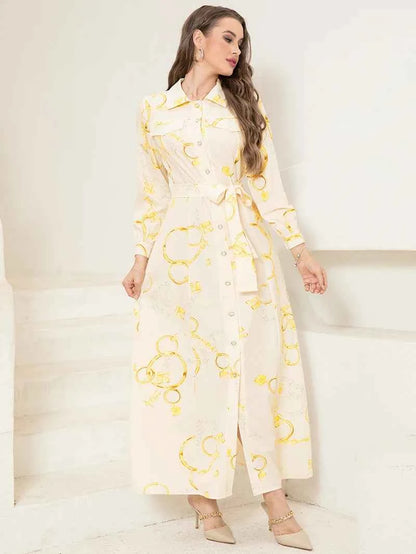 Elegant Long Shirt-Sleeve Dress with Chain Print Design, Belt & Pocket - Sophisticated Collared Neck, Button Details