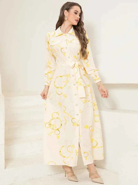 Elegant Long Shirt-Sleeve Dress with Chain Print Design, Belt & Pocket - Sophisticated Collared Neck, Button Details