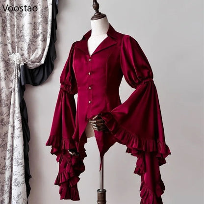 Japanese Vintage Elegant Lolita Shirt Women Victorian Gothic Flare Sleeve Blouses Female Y2k Aesthetic Casual Retro Tops Blusas SS69 51.69 Red / M