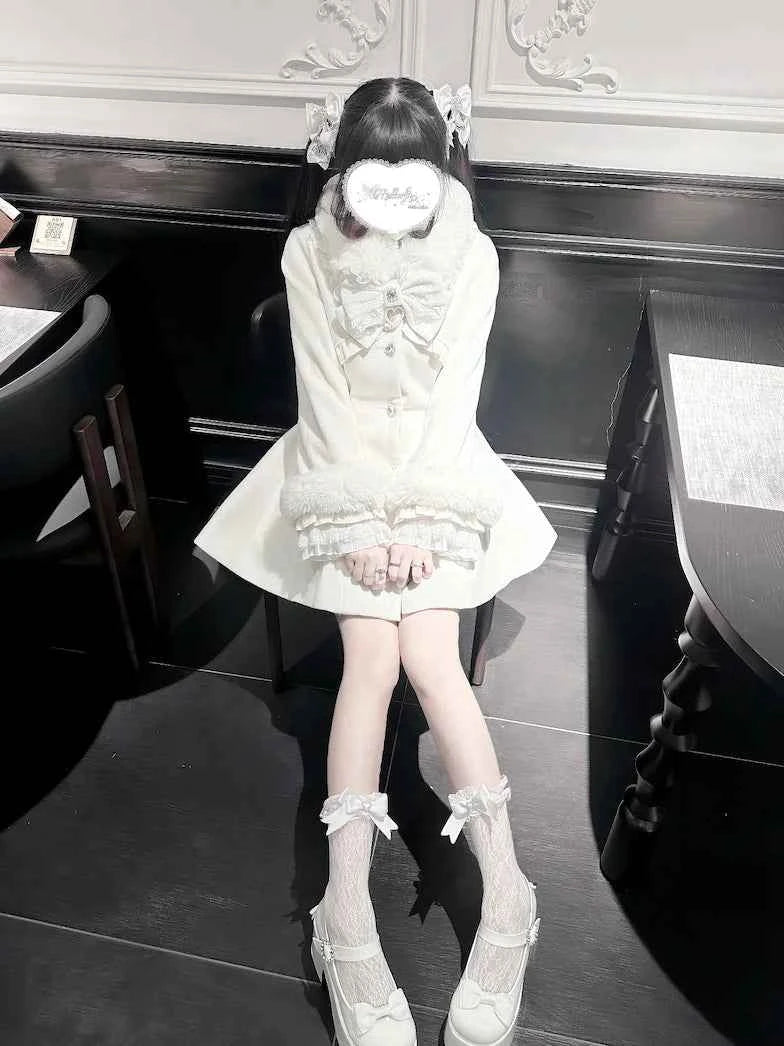 Japanese Mass-Produced Long Wool Collar Coat 20% Wool Waist-Cinching Sweet Girl Long Sleeve Slim Fit Elegant Lolita Woolen Coat