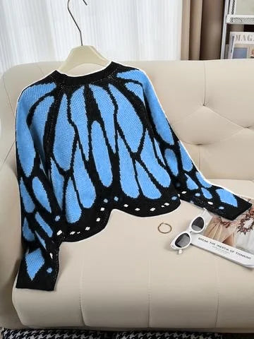 Aesthetic Butterfly Wing Sweater Women Mesh Collar Knitted Cardigan Elegant Fall Winter Long Sleeve Coat Casual Outerwear
