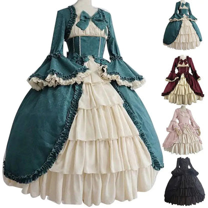 Women's Vintage  Medieval Victorian Court Lace Stitching Dress Square Neck Tight Waist Bowknot Medieval Dress Elegant Cake Dress SS69