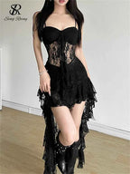 SINGREINY Women Lace Irregular Long Dress Camis Sheath Sensual Sheer Dress Fashion Streetwear Hollow Out Ruffles Sexy Dresses