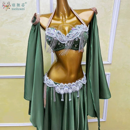 Belly Dance Outfit Suit Women's Customized Senior AB Stones Bra+sexy Split Long Skirt 2pcs Oriental Dance Performance Costumes