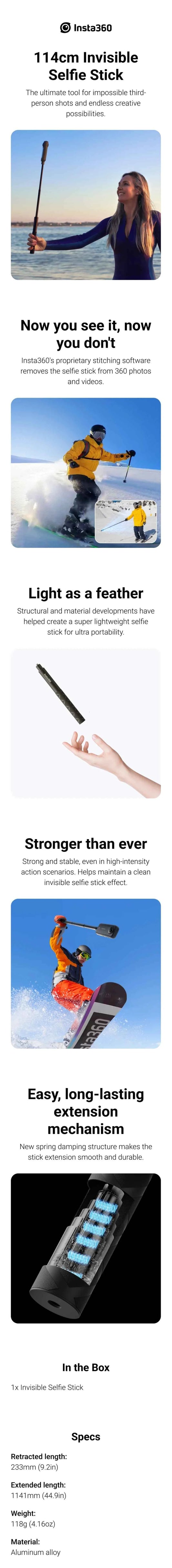 Insta360 Invisible Selfie Stick 114cm 100cm 85cm Extensible Monopod Grip For Insta 360 X5 X4 Air X3 Original Accessories
