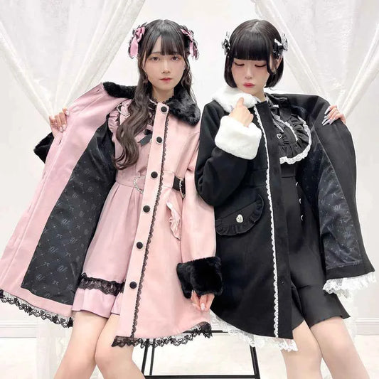 Japanese Sweet Winter Woolen Coat Lolita Style Cute Big Bow Fungus Edge Long Sleeve Slim Kawaii Girls Women Elegant Overcoat