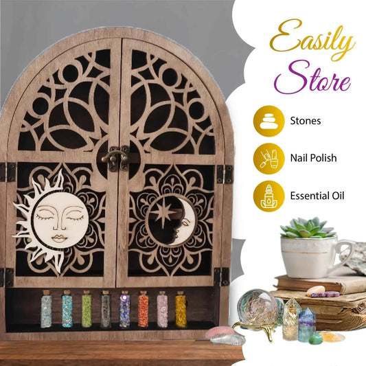 Vintage Wooden Floating Shelves With Sun And Moon Design, Wall Hanging Storage For Crystals,  For Various Room Types