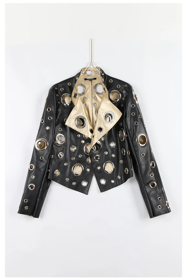 Nerazzurri Women's Faux Leather Jacket with Rivets & Hollow Out Detail