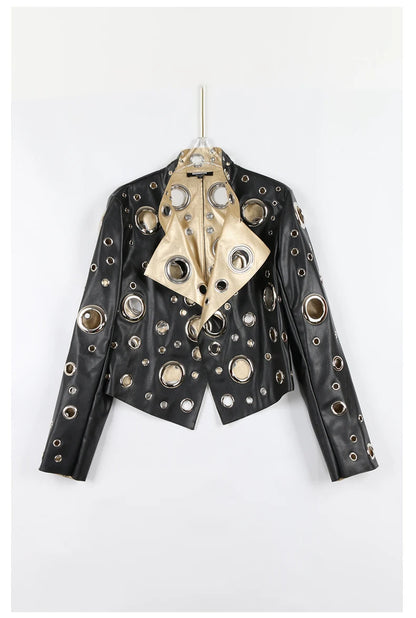 Nerazzurri Spring Autumn Short Hollow Out Pu Leather Jacket Women Rivet Cool Stylish Luxury Designer Clothes Runway Fashion 2024