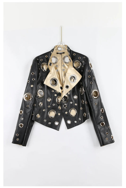 Nerazzurri Spring Autumn Short Hollow Out Pu Leather Jacket Women Rivet Cool Stylish Luxury Designer Clothes Runway Fashion 2024