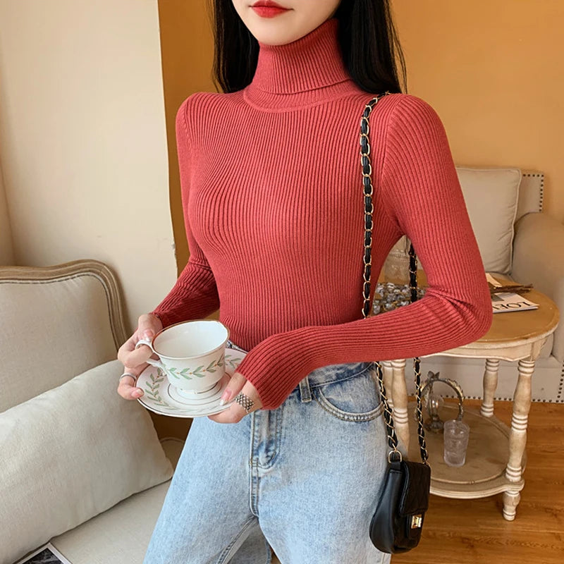2025 Autumn Winter Women Long Sleeve Knitted Foldover Turtleneck Ribbed Pull Sweater Soft Warm Femme Jumper Pullover Clothes SS69 13.69 One Size / Brick Red
