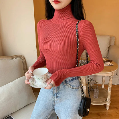 2025 Autumn Winter Women Long Sleeve Knitted Foldover Turtleneck Ribbed Pull Sweater Soft Warm Femme Jumper Pullover Clothes SS69 13.69 One Size / Brick Red